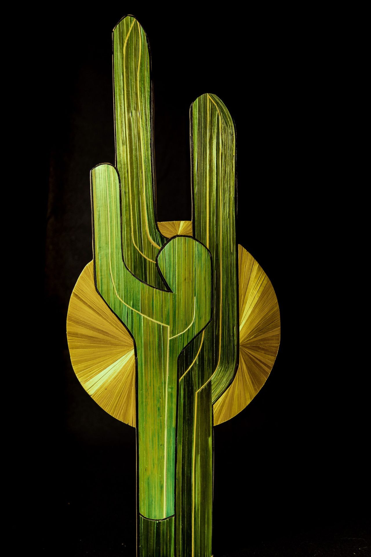 Photo sur fond noir de la décoration murale en marqueterie de paille Cactus Nopal